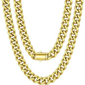 Men's 12MM Width-Gold Stainless Steel Miami Cuban Curb Link Chain Necklace